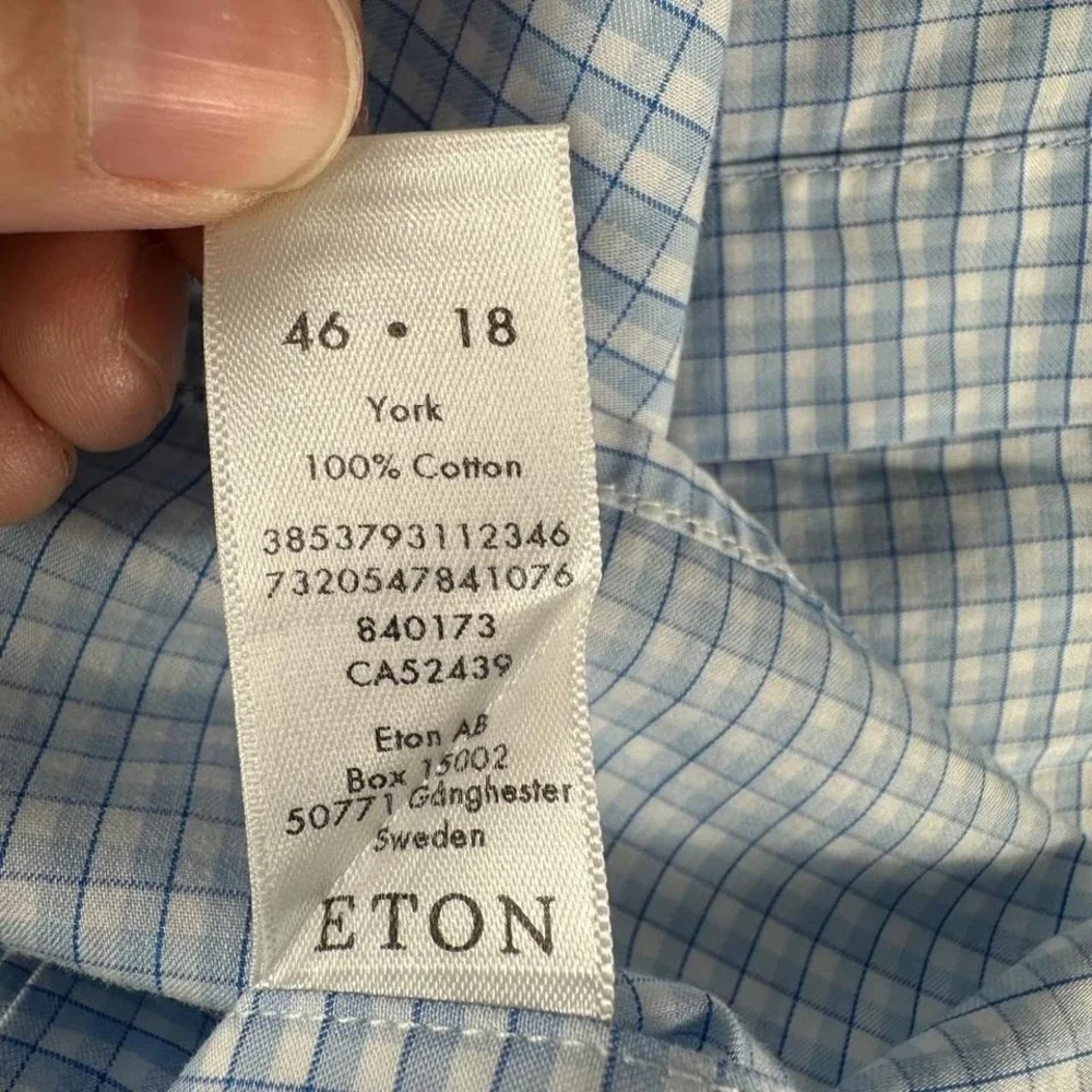 Eton Dress Shirt Men XXL 18 46 Blue White Micro Check Cotton Contemporary York